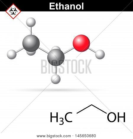 Ethanoll molecule - structural chemical formula and model 2d and 3d vector illustration isolated on white background eps 8