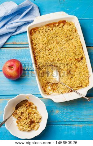 apple cramble with oat flakes. top view. selective focus