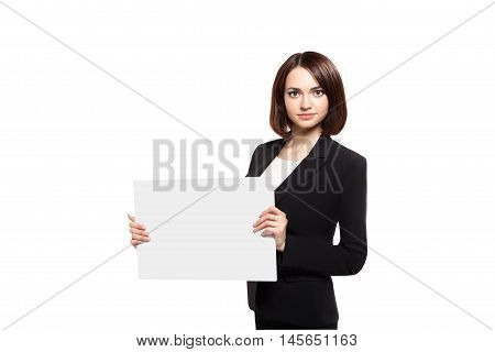 Happy Smiling Young Business Woman Holding Blank Placard. Isolated On White WIth Clipping Pach. Place For Your Text Or Logo.