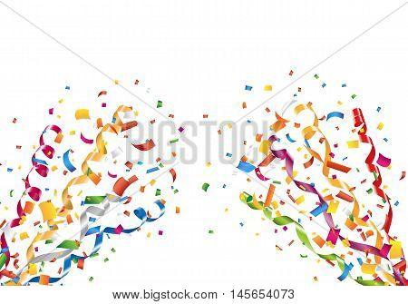 Exploding party confetti and streamers on white background
