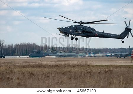 MOSCOW REGION RUSSIA - APRIL 20 2016: Russian Air Force Mi-28 