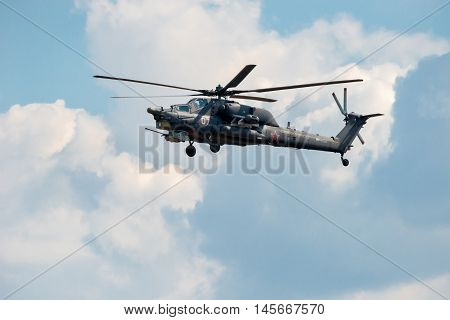 MOSCOW REGION RUSSIA - APRIL 20 2016: Russian Air Force Mi-28 "Havoc" attack helicopter climbing out of the Kubinka airbase to training flight for the Great Victory Day military parade