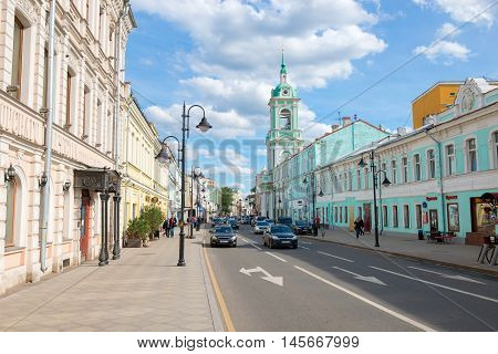 MOSCOW - JUNE 10 2016: the Urban landscape. View of Pyatnitskaya street and the Church of St. John the Baptist under Bor