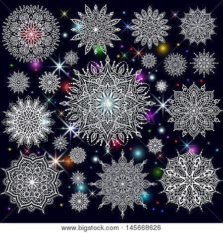 Snowflake Winter Set. Magic Theurgy Elegant Filigree Line Art Hand Drawing Pattern. Graceful Flake O