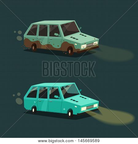 Dirty and clean car. American automobile. Cartoon vector illustration. Dirt and shining clean car isolated. Night road. Race.