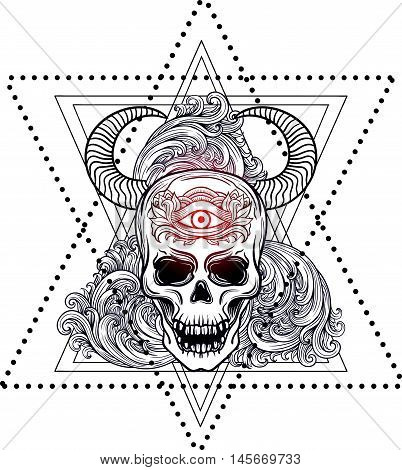 Skull With Bull Horns Feathers And Third Eye. Sacred Geometry Alchemy Religion Philosophy Spirituali