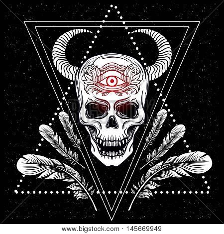 Skull With Bull Horns Feathers And Third Eye. Sacred Geometry Alchemy Religion Philosophy Spirituali