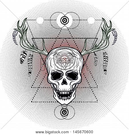 Skull With Deer Horns Feathers And Third Eye. Sacred Geometry Alchemy Religion Philosophy Spirituali