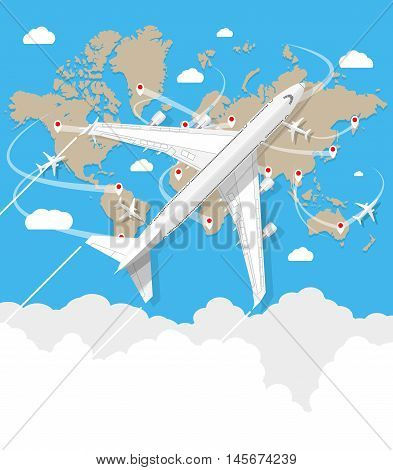 Travel concept. World map, airplane, sun in the sky with clouds on blue background. vector illustration in flat design
