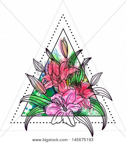 Lily Flower Isolated Over White. A Bouquet Of Flowers Inside A Triangle. Vector Illustration. Dotwor