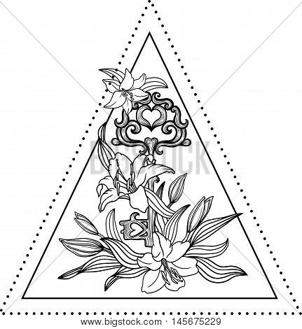 Lily Flower And Filigree Key. A Bouquet Of Flowers Inside A Triangle. Vector Illustration. Dotwork B