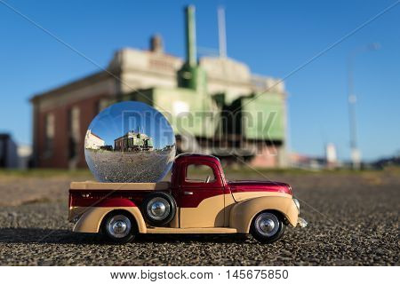 Foxton old Steam Train in a glass ball on a truck.