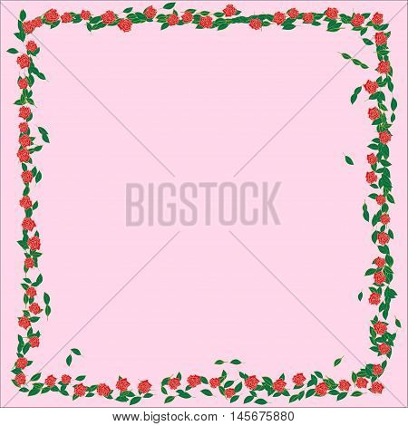 Frame with roses, branches, leaves and petals isolated on rose background. flat lay, overhead view.