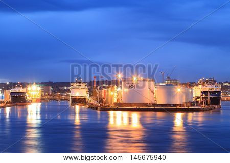 ABERDEEN SCOTLAND - 27 JANUARY 2016: Big supply boats in Abeerden harbor on 27 January 2016. Aberdeen port is one of the busiest ports in UK.