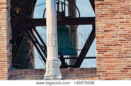 Architectural elements of old bell tower and church in Gaeta Italy