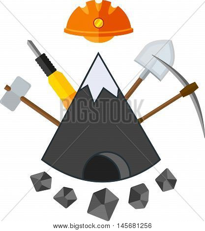 Flat icon with mountain and mining tools