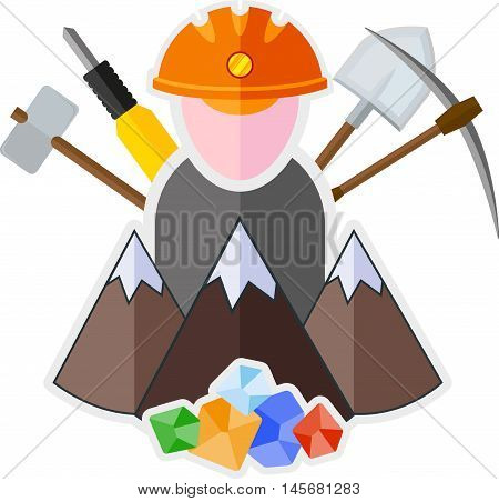 Flat icon with mountain miner and mining tools