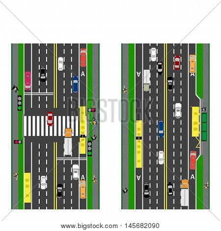 Road infographics. Plot road, highway, street. Intersection. With different cars. Green traffic light for cars. The loaded road maps and public transport. Top view of the highway. Vector illustration
