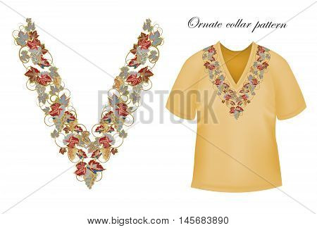 Vector design for collar shirts, blouses, T-shirt. Grapes branch. Colorful embroidery. Seamless border bonus. Gray brown
