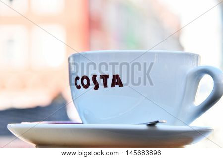 POZNAN POLAND - AUGUST 31 2016: Costa Coffee is a British multinational coffeehouse company headquartered in Dunstable Bedfordshire; second largest coffeehouse chain in the world.