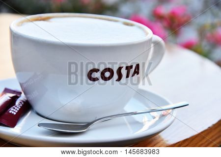 POZNAN POLAND - AUGUST 31 2016: Costa Coffee is a British multinational coffeehouse company headquartered in Dunstable Bedfordshire; second largest coffeehouse chain in the world.