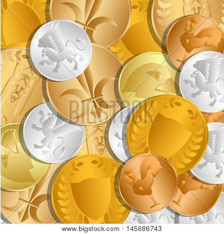 The background of the coins. The treasure of gold and silver coins lying loose on each other. Vector Image.