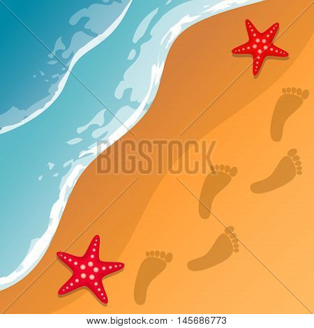 Beach background. Sea shore. The waves and sand. Sea stars. Traces of feet in the sand. Vector Image.