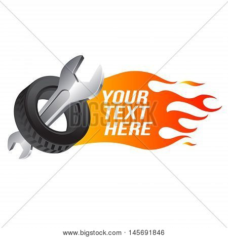 Wrench, car wheel with fire flame (car service emblem)
