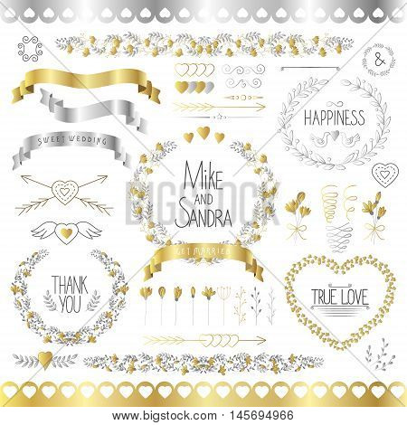 Wedding romantic collection with labels, ribbons, hearts, flowers, arrows, wreaths, laurel and birds. Gold and slver. Graphic set in retro style. Save the Date invitation in vector.