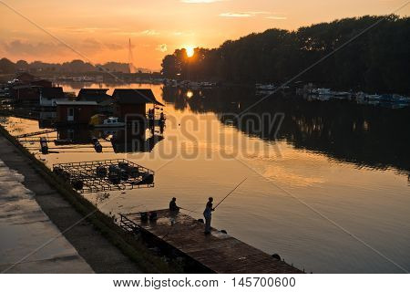 Autumn sunset at Ada lake in Belgrade, Serbia