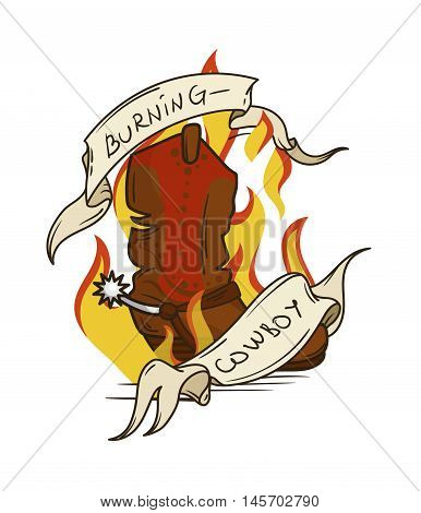 Cartoon-style vector illustration of cowboy boot and text ribbons with flames on the background