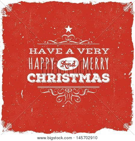 Illustration of a vintage grunge merry christmas holidays postcard with floral shapes and snow texture