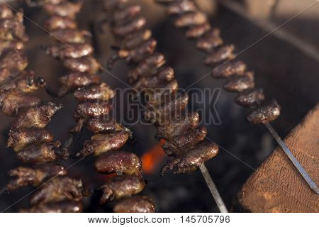 Churrasco, Traditional Brazilian Barbecue, Chicken Hearts Grilled Kebabs.