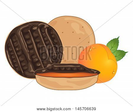 an illustration of sweet chocolate orange biscuits with a half section and a small orange fruit and foliage on a white background