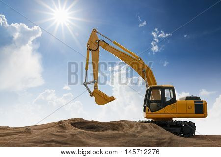 Excavator model on wooden with sky and sunlight background