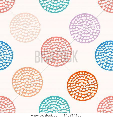 Colorful textured circle seamless pattern. Blue, pink, orange, violet round grunge polka dot, wrapping paper. Vector illustration.