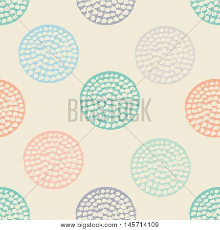 Colorful textured circle seamless pattern. Blue, pink, orange, beige round grunge polka dot, wrapping paper. Vector illustration.