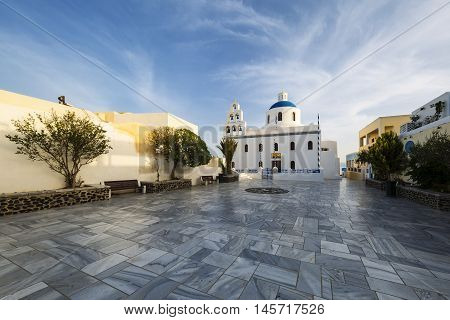 Main White Blue Orthodox Church Of Panagia Platsani In The Village Of Oia. Santorini.