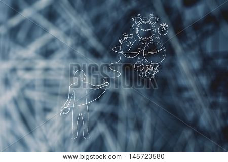 Person With Lasso Collecting Falling Clocks, Time Management Concept