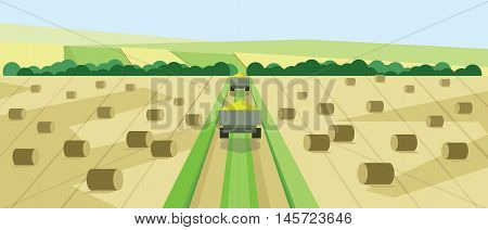 Vector abstract landscape with harvesting vehicles, hills, roads and clay ricks, flat zigzag style.