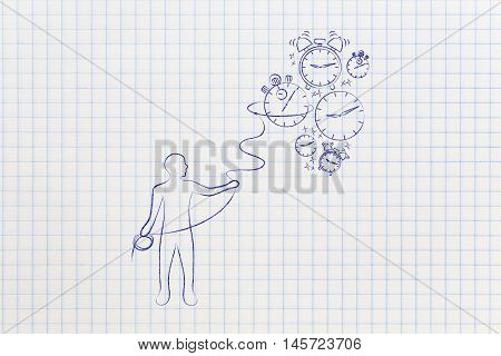 Person With Lasso Collecting Falling Clocks, Time Management Concept