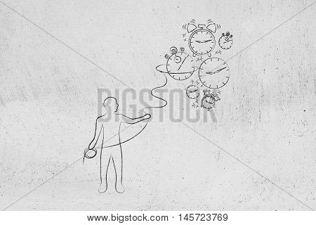 Person With Lasso Collecting Falling Clocks, Time Management Concept