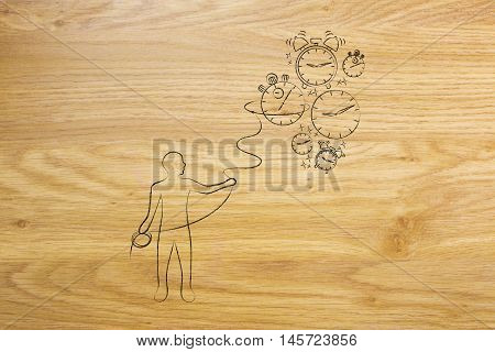 Person With Lasso Collecting Falling Clocks, Time Management Concept