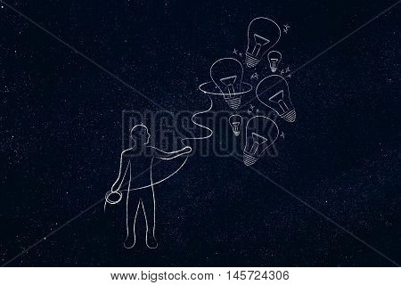 Person Collecting Lightbulbs (ideas) With A Lasso, Creativity Concept