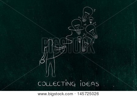 Person Collecting Lightbulbs (ideas) With A Lasso, Creativity Concept