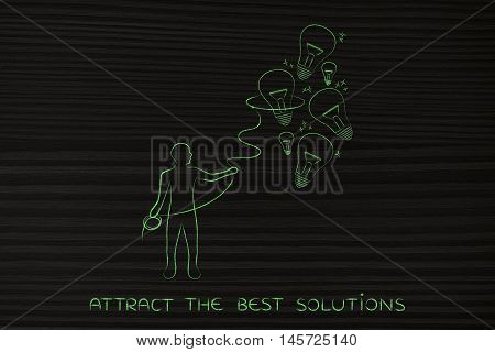 Person Collecting Lightbulbs (ideas) With A Lasso, Creativity Concept