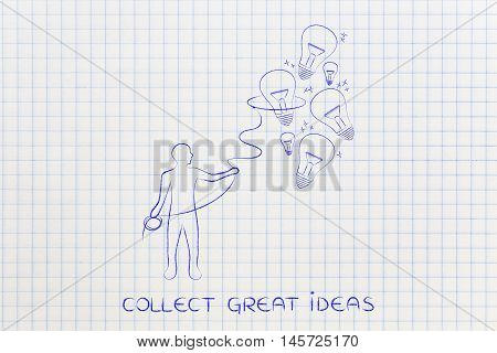 Person Collecting Lightbulbs (ideas) With A Lasso, Creativity Concept