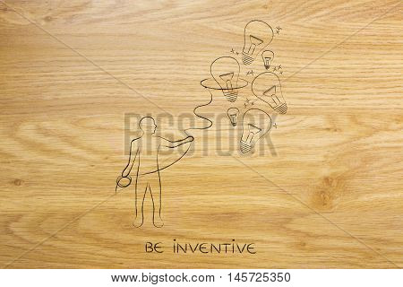 Person Collecting Lightbulbs (ideas) With A Lasso, Creativity Concept