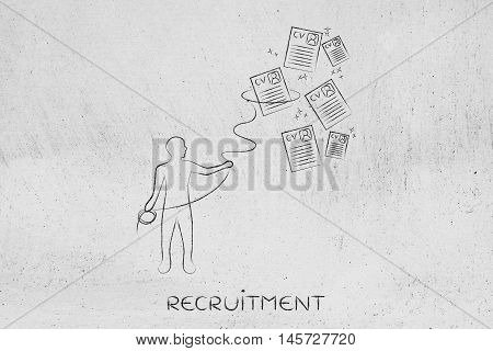 Recruiter With Lasso Catching A Group Of Falling Resumes