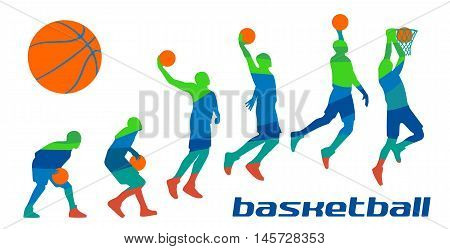 Set different poses basketball players in silhouettes. Vector abstract polygon colorfull flat illustration isolated on white background